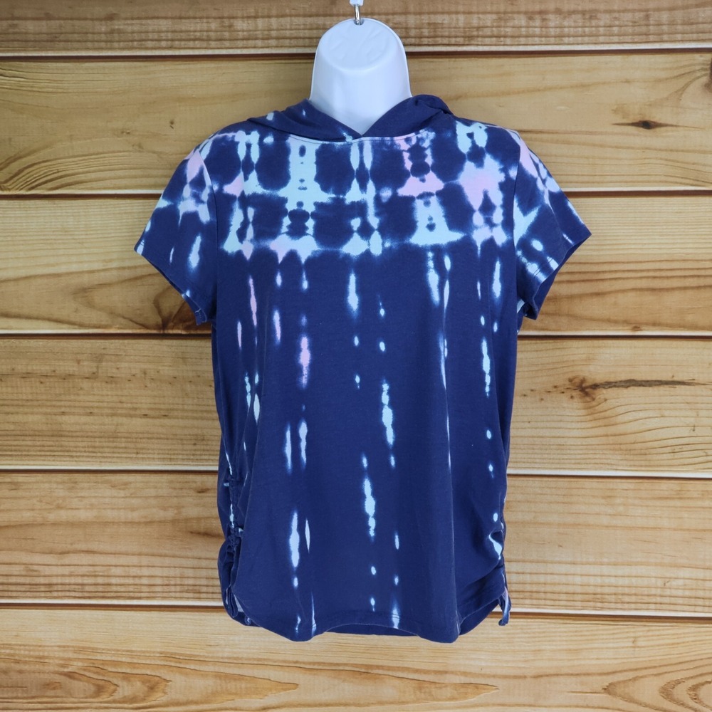SO Short Sleeve Shirt Hooded Girls XXL Blue Geometric Cotton Blend Ruched Side